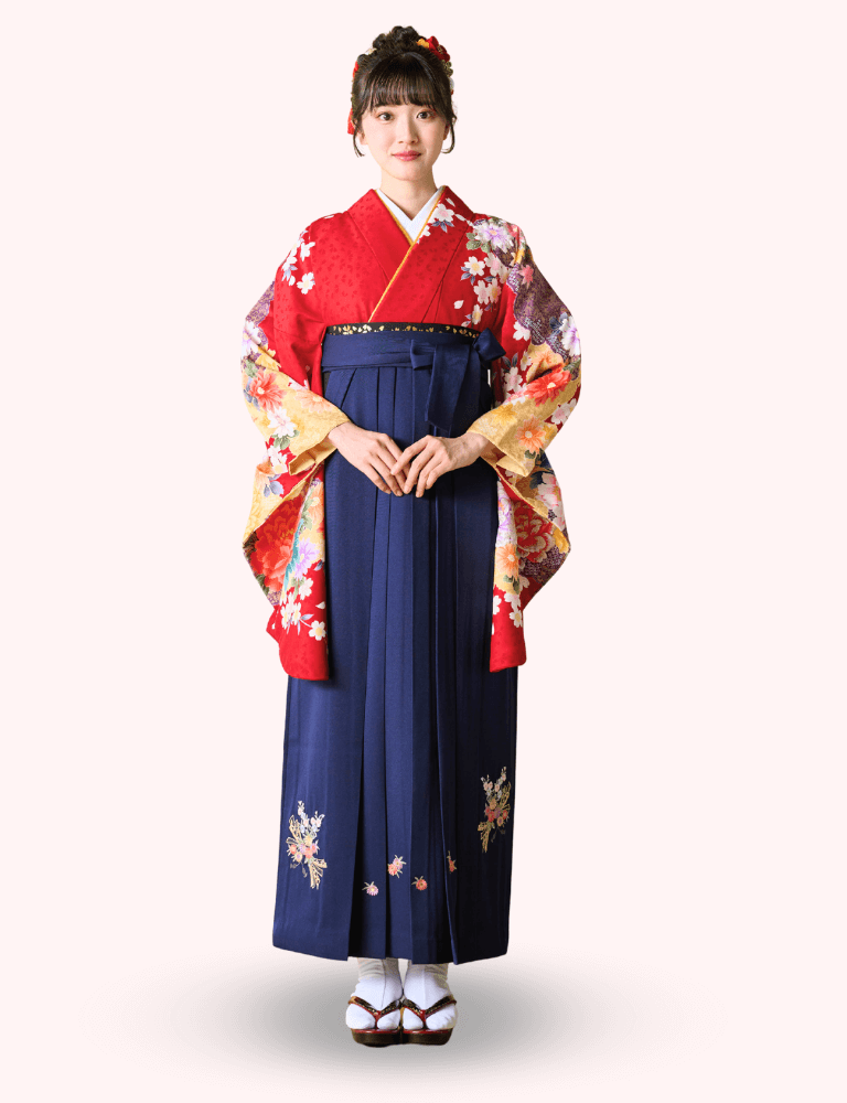 〈着物〉赤色 雲取りに牡丹柄着物 〈袴〉紺色 熨斗目花束の刺繍袴 【102】