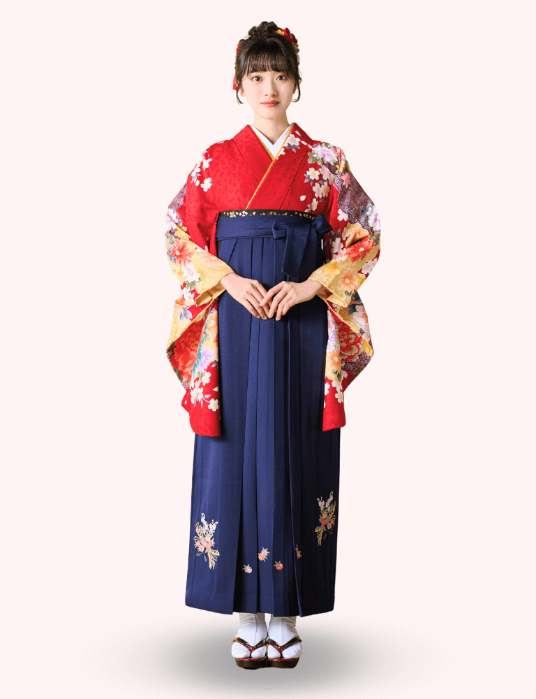 〈着物〉赤色 雲取りに牡丹柄着物 〈袴〉紺色 熨斗目花束の刺繍袴 【102】