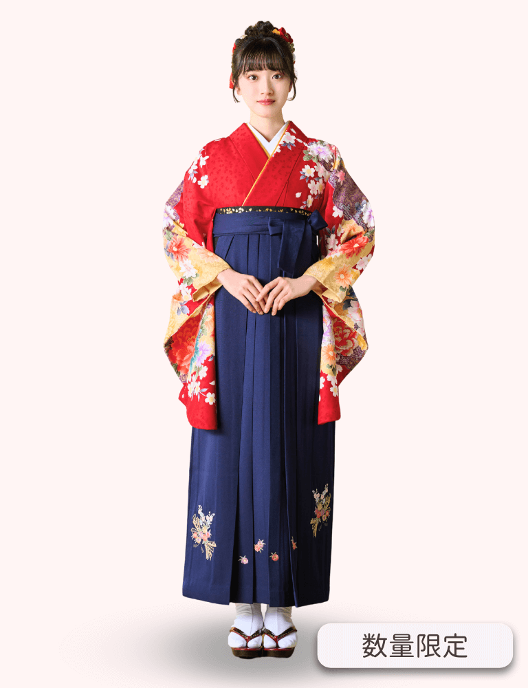 〈着物〉赤色 雲取りに牡丹柄着物 〈袴〉紺色 熨斗目花束の刺繍袴 【102】