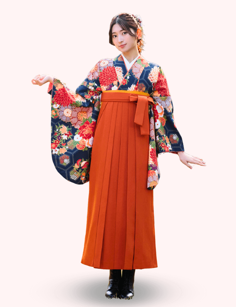 〈着物〉紺色 亀甲ダリア柄着物 〈袴〉さび朱色（オレンジ色） 無地袴 【104】