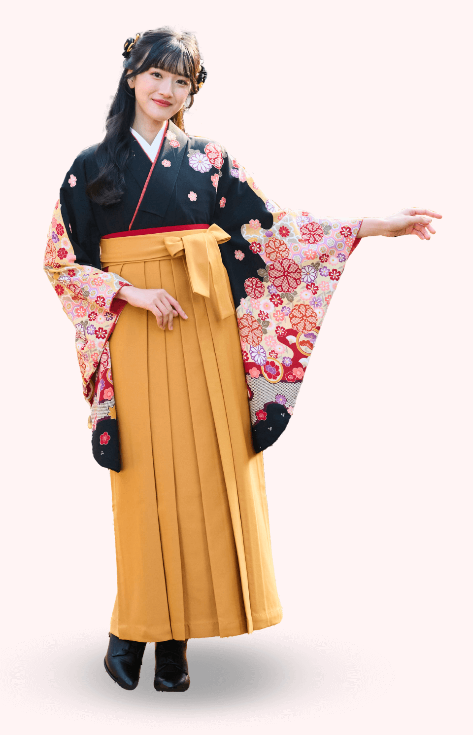 〈着物〉黒色 匹田菊模様着物 〈袴〉からし色(さび朱) 無地袴 【105】
