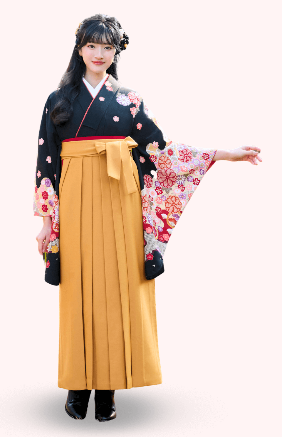 〈着物〉黒色 匹田菊模様着物 〈袴〉からし色（さび朱） 無地袴 【105】