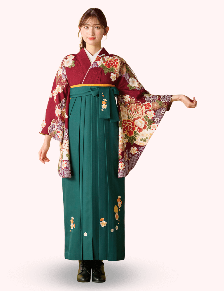 〈着物〉エンジ色 雲撮り慶長柄 〈袴〉グリーン色 梅刺繡袴 【106】