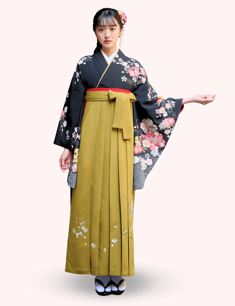 〈着物〉黒色 匹田桜柄着物 〈袴〉オリーブ色 ハートリボン刺繍袴 【113】