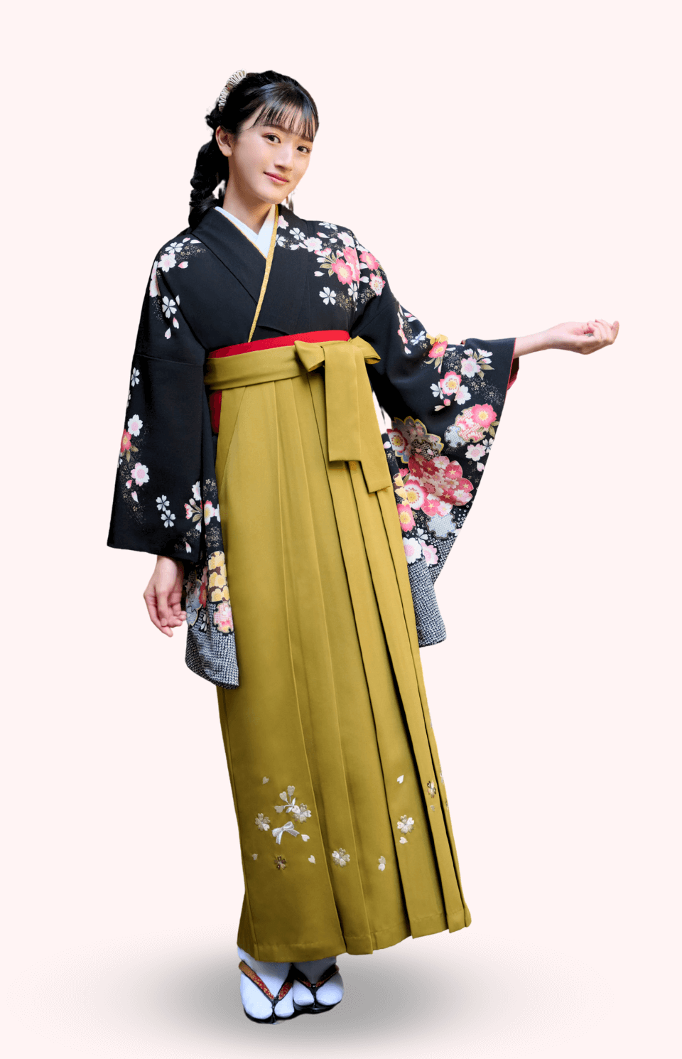 〈着物〉黒色 匹田桜柄着物 〈袴〉オリーブ色 ハートリボン刺繍袴 【113】