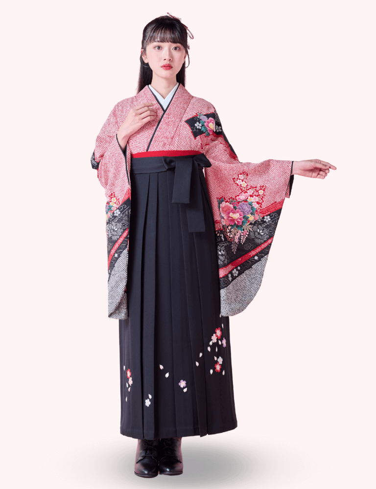 〈着物〉赤色 絞り柄着物 〈袴〉黒色 桜ちらし刺繡袴 【116】