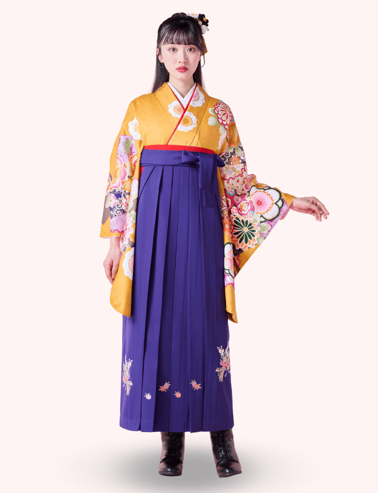〈着物〉からし色 市松取り柄着物 〈袴〉紫色 熨斗目花束の刺繍袴 【117】