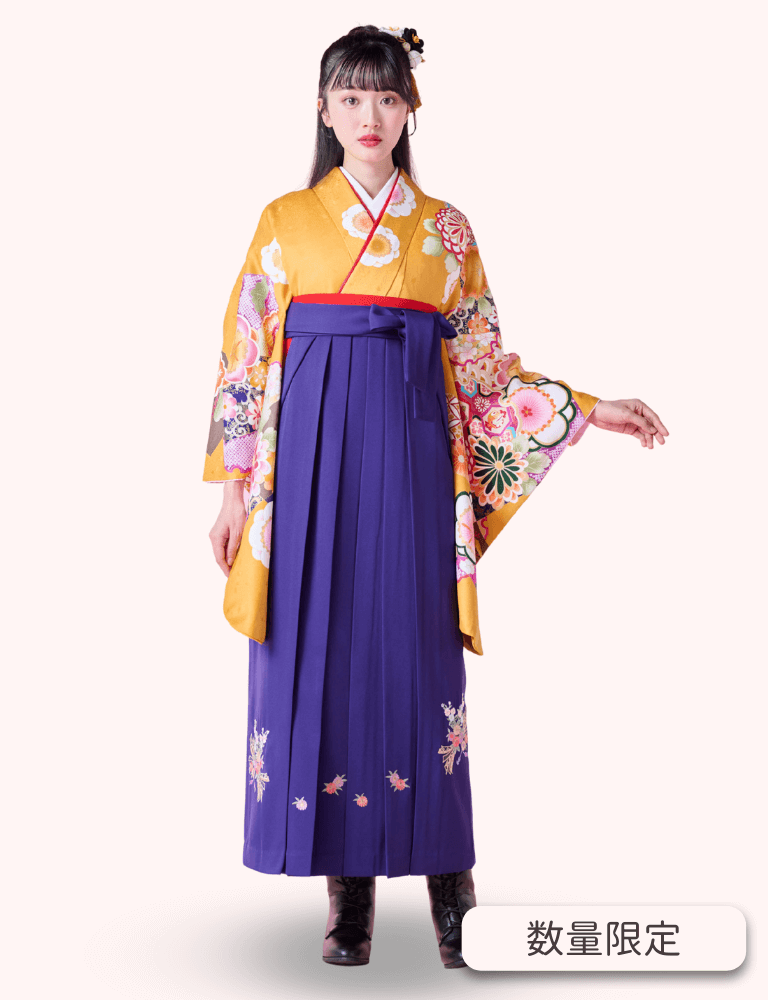 〈着物〉からし色 市松取り柄着物 〈袴〉紫色 熨斗目花束の刺繍袴 【117】
