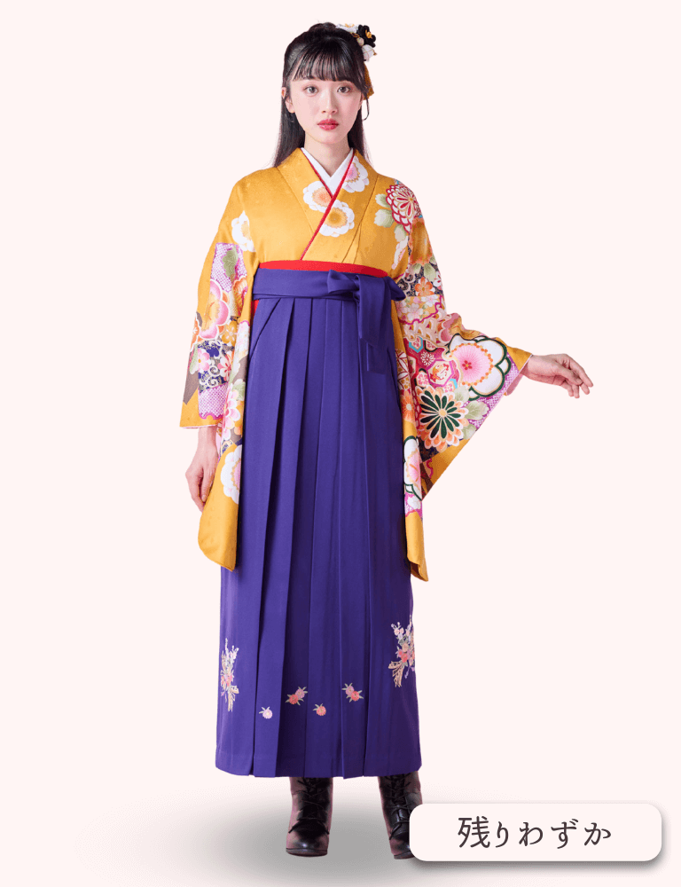 〈着物〉からし色 市松取り柄着物 〈袴〉紫色 熨斗目花束の刺繍袴 【117】