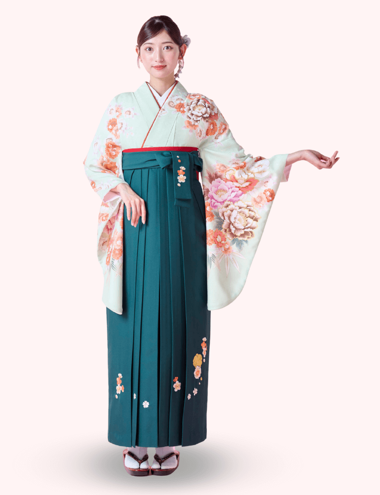 〈着物〉ヒワ色 牡丹と椿柄着物 〈袴〉グリーン色 梅刺繡袴 【118】