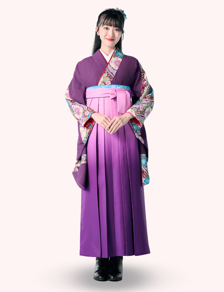 〈着物〉紫色 切りばめ柄着物 〈袴〉薄紫色ぼかし 無地袴 【119】