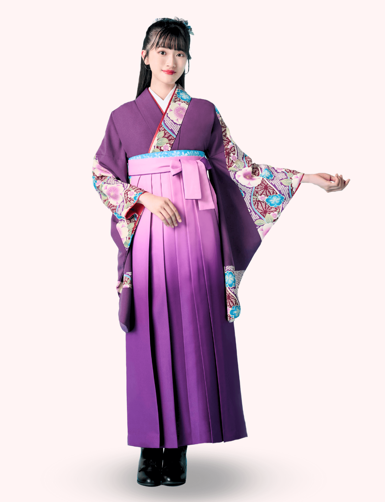 〈着物〉紫色 切りばめ柄着物 〈袴〉薄紫色ぼかし 無地袴 【119】