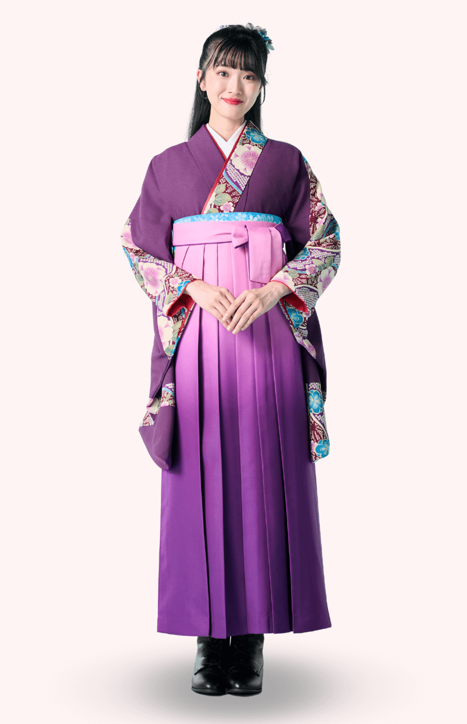 〈着物〉紫色 切りばめ柄着物 〈袴〉薄紫色ぼかし 無地袴 【119】