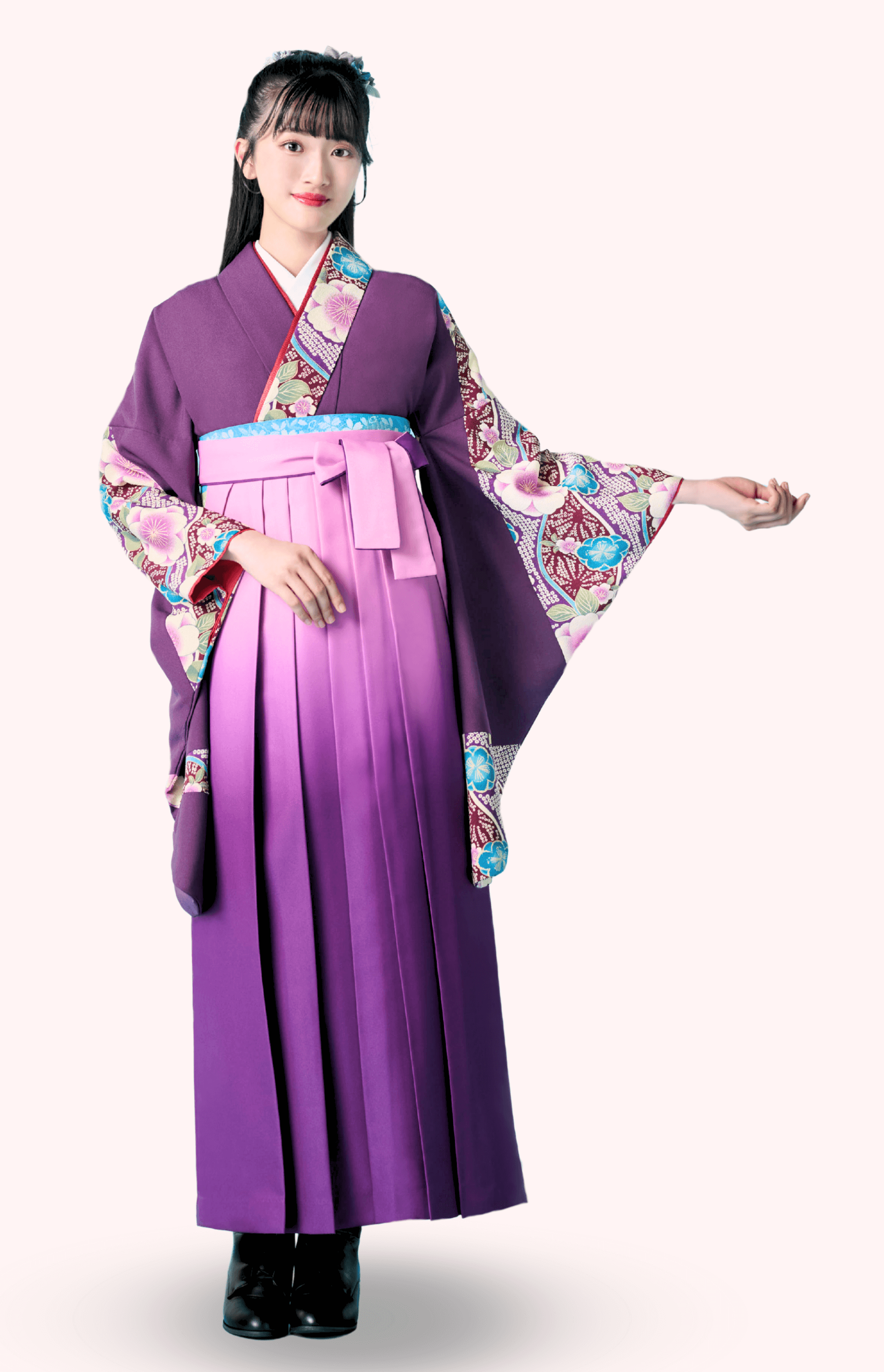〈着物〉紫色 切りばめ柄着物 〈袴〉薄紫色ぼかし 無地袴 【119】