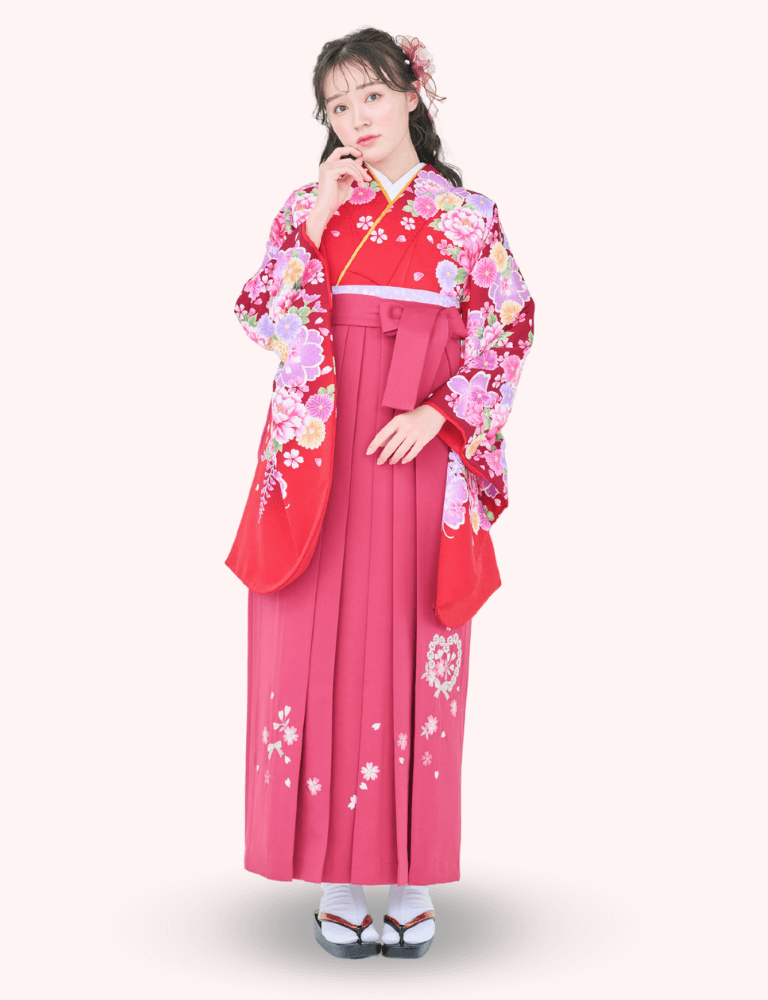 〈着物〉赤色 変わり大桜にぼたん柄着物 〈袴〉ローズ色  ハートリボン刺繍袴 【128】