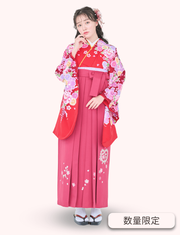〈着物〉赤色 変わり大桜にぼたん柄着物 〈袴〉ローズ色  ハートリボン刺繍袴 【128】