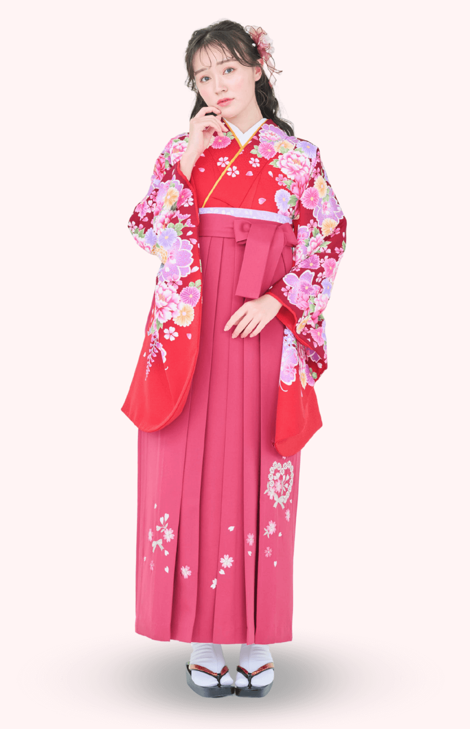 〈着物〉赤色 変わり大桜にぼたん柄着物 〈袴〉ローズ色 ハートリボン刺繍袴 【128】