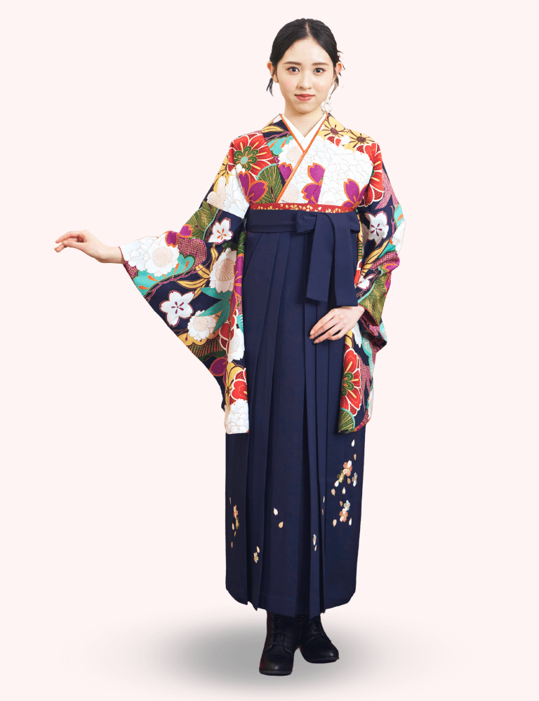 〈着物〉紺色 笹に牡丹柄着物 〈袴〉紺色 桜ちらし刺繍袴 【129】
