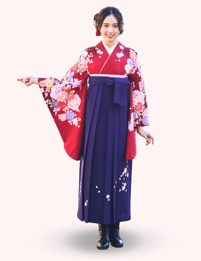 〈着物〉赤色 変わり梅に牡丹柄着物 〈袴〉紫 桜ちらし刺繡袴 【131】