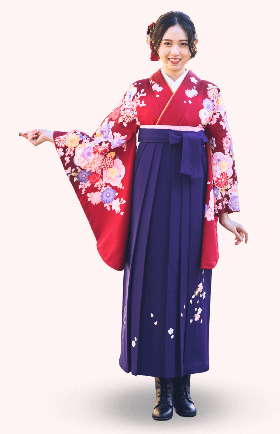 〈着物〉赤色 変わり梅に牡丹柄着物 〈袴〉紫 桜ちらし刺繡袴 【131】