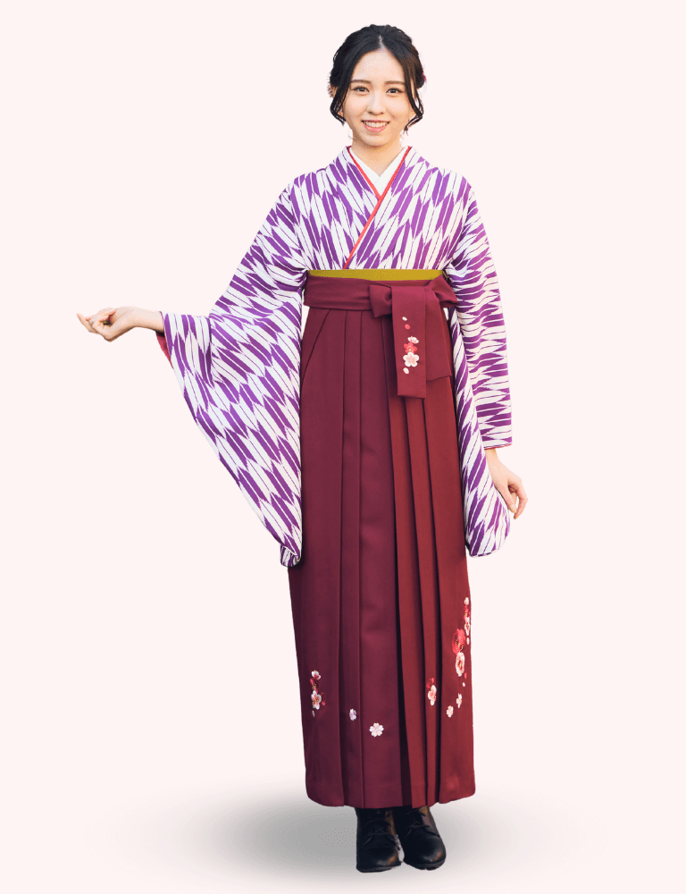 〈着物〉紫色 矢羽根絣着物 〈袴〉エンジ色 梅刺繡袴 【134】
