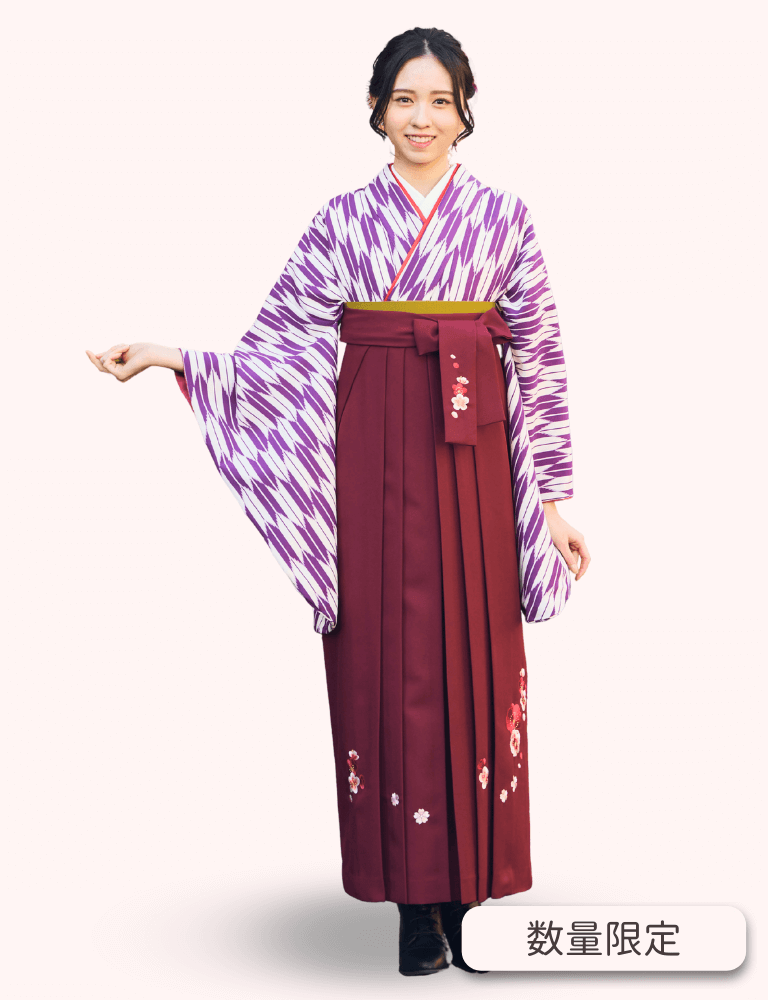 〈着物〉紫色 矢羽根絣着物 〈袴〉エンジ色 梅刺繡袴 【134】