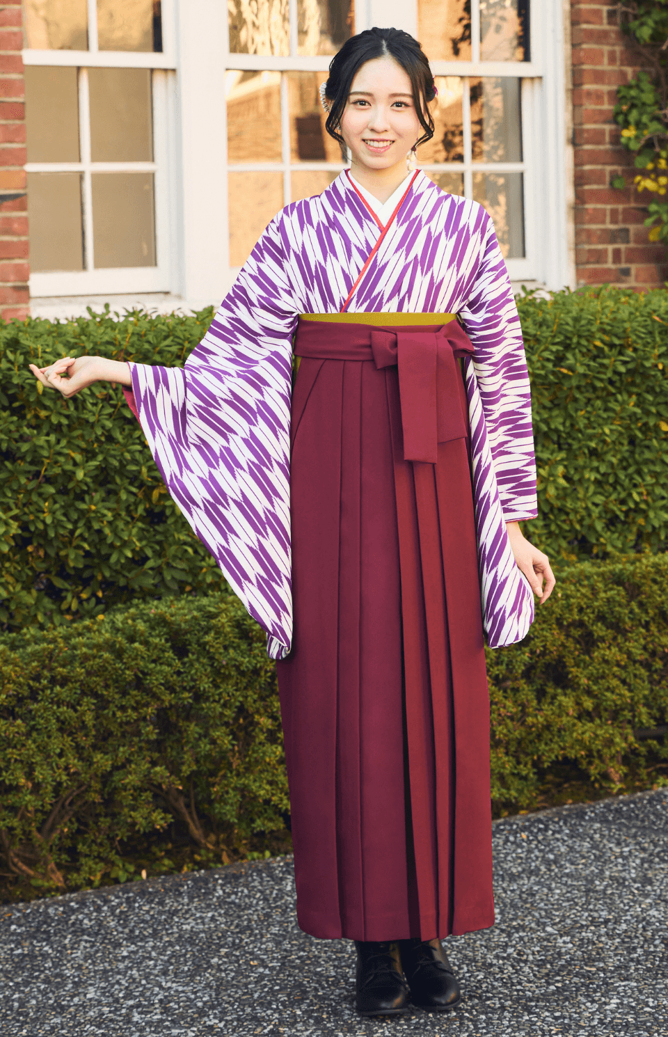 〈着物〉紫色 矢羽根絣着物 〈袴〉エンジ色 無地袴 【159】