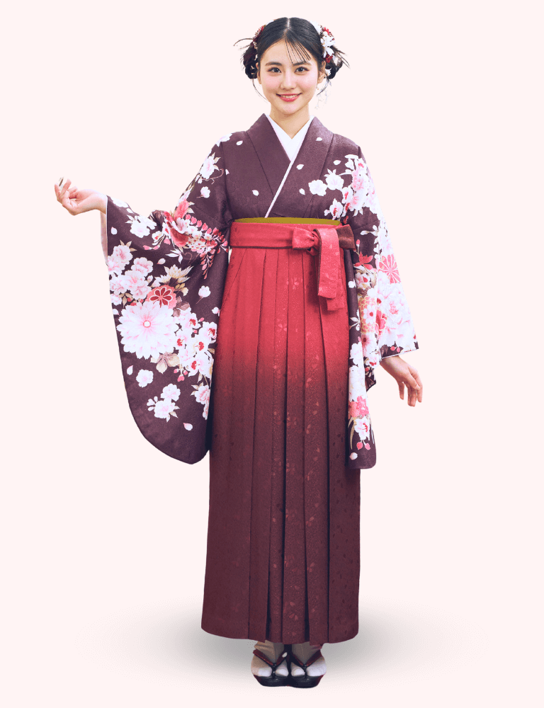 〈着物〉こげ茶色 牡丹に菊柄着物 〈袴〉ローズ色ぼかし 桜地模様袴 【136】