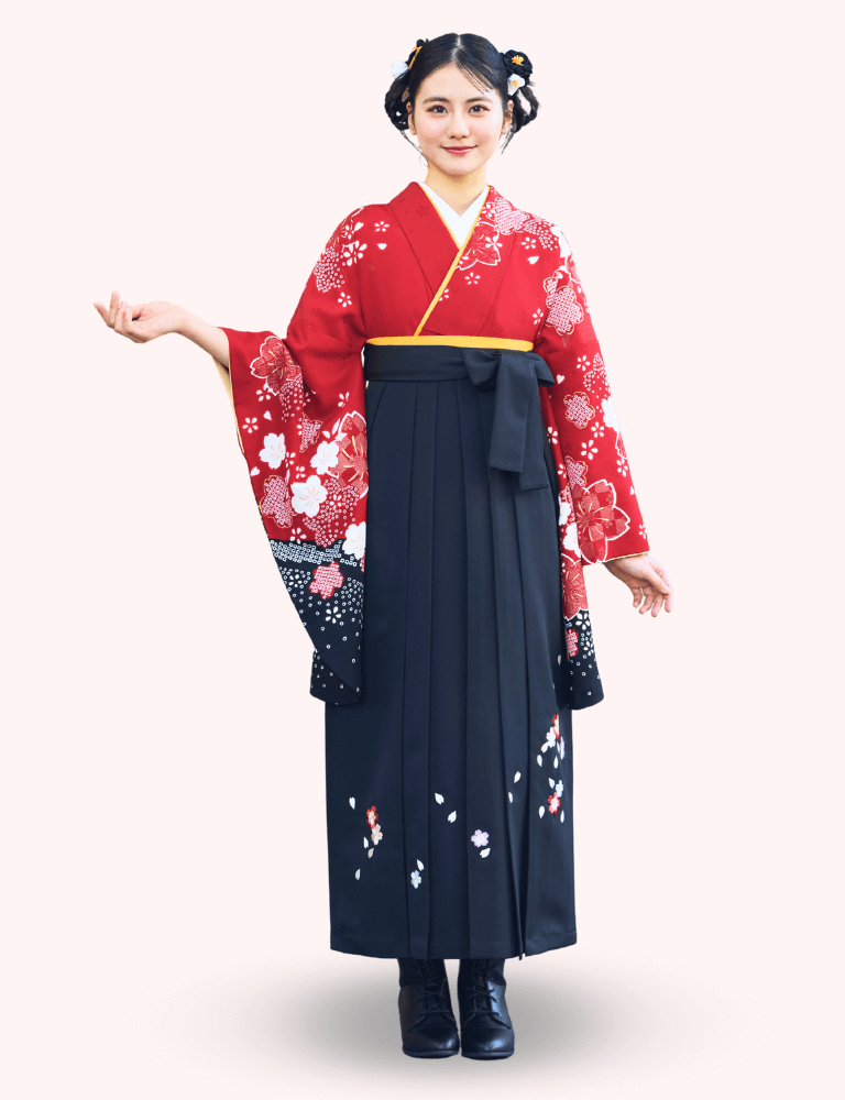 〈着物〉赤色 匹田桜模様着物 〈袴〉黒色 桜ちらし刺繡袴 【139】