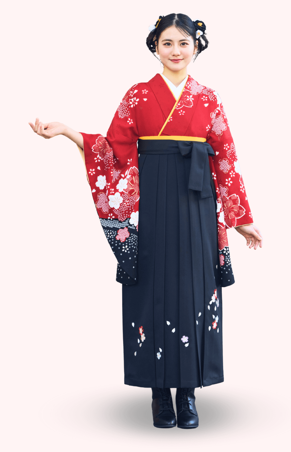 〈着物〉赤色 匹田桜模様着物 〈袴〉黒色 桜ちらし刺繡袴 【139】