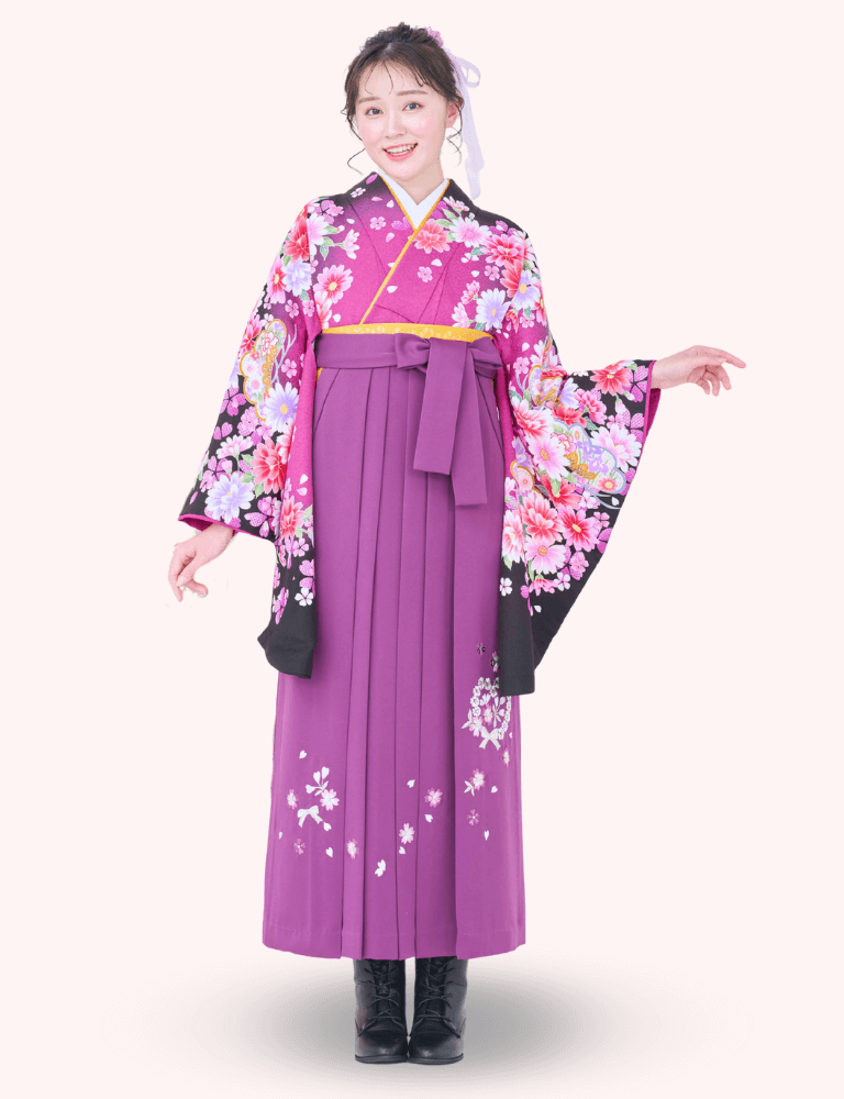 〈着物〉紫色 匹田桜に松柄着物 〈袴〉紫色 ハートリボン刺繍袴 【140】