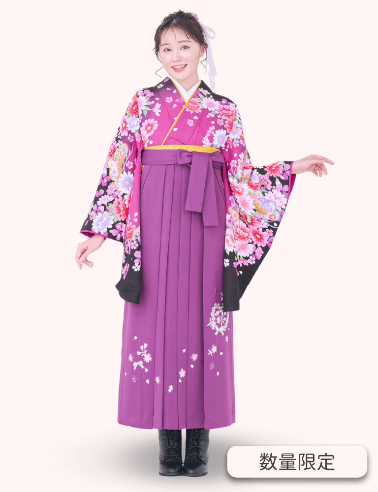 〈着物〉紫色 匹田桜に松柄着物 〈袴〉紫色 ハートリボン刺繍袴 【140】