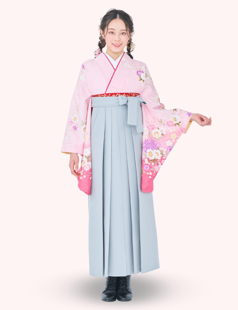 〈着物〉ピンク色 乱菊柄着物 〈袴〉グレー色 無地袴 【141】