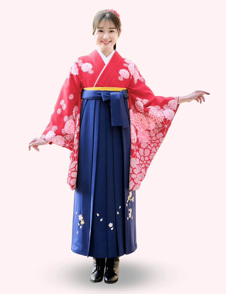 〈着物〉エンジ色 匹田ダリア柄着物 〈袴〉紺色 桜ちらし刺繍袴 【148】