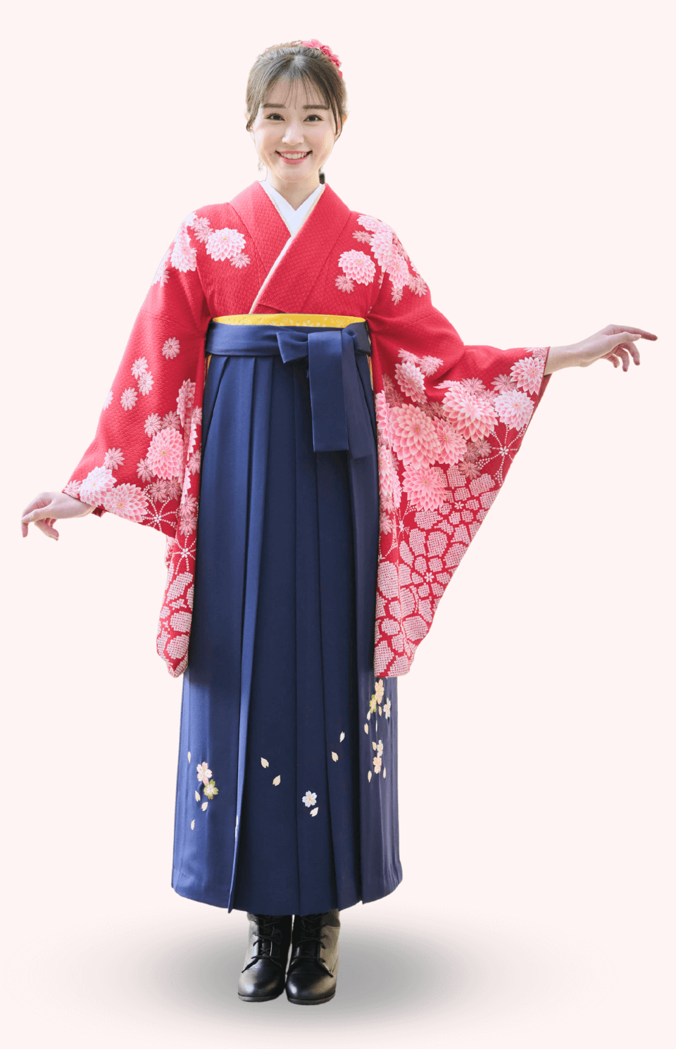 〈着物〉エンジ色 匹田ダリア柄着物 〈袴〉紺色 桜ちらし刺繍袴 【148】