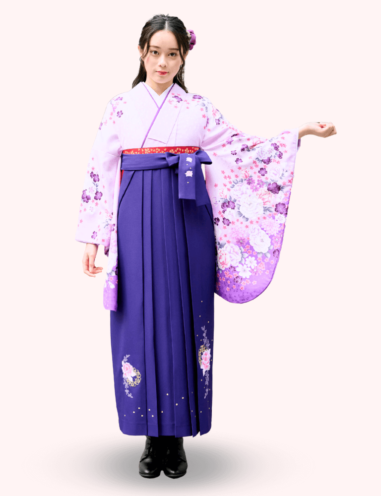 〈着物〉紫色 牡丹柄着物 〈袴〉紫色 花王冠刺繍袴 【153】