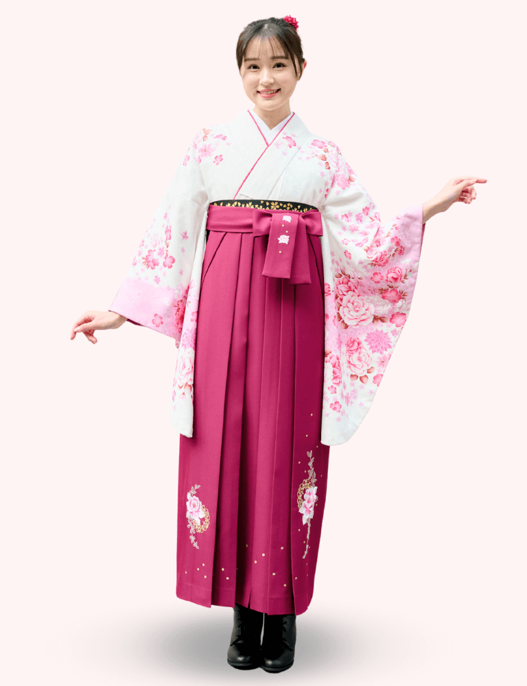 〈着物〉オフホワイト色 牡丹柄着物 〈袴〉ワイン色 花王冠刺繍袴 【154】