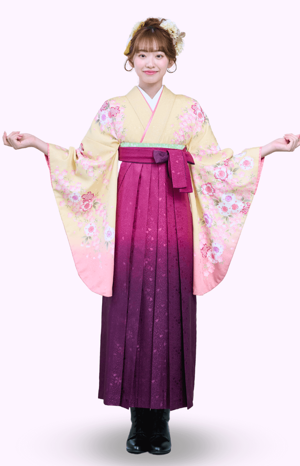 〈着物〉クリーム色 刺繍桜柄着物 〈袴〉ワイン色ぼかし 桜地模様袴 【303】