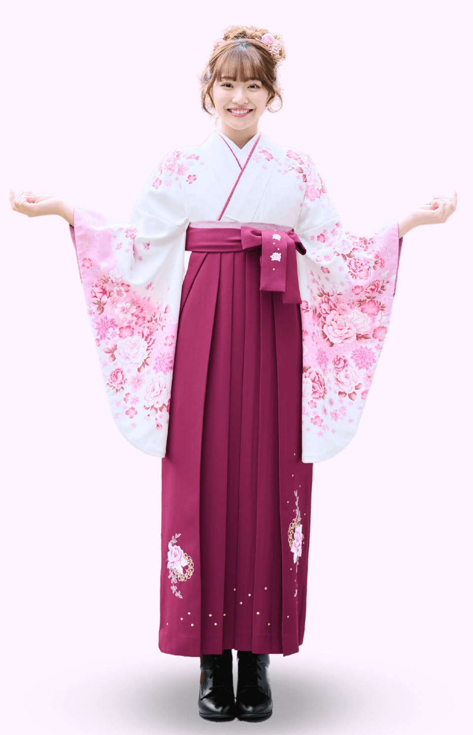 〈着物〉オフホワイト色 牡丹柄着物 〈袴〉ワイン色 花王冠刺繍袴 【306】