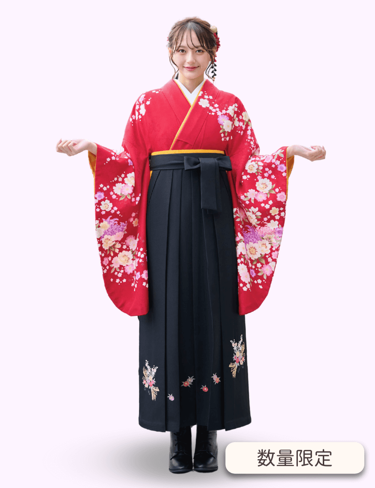 〈着物〉赤色 乱菊柄着物 〈袴〉黒色 熨斗目花束の刺繍袴 【307】