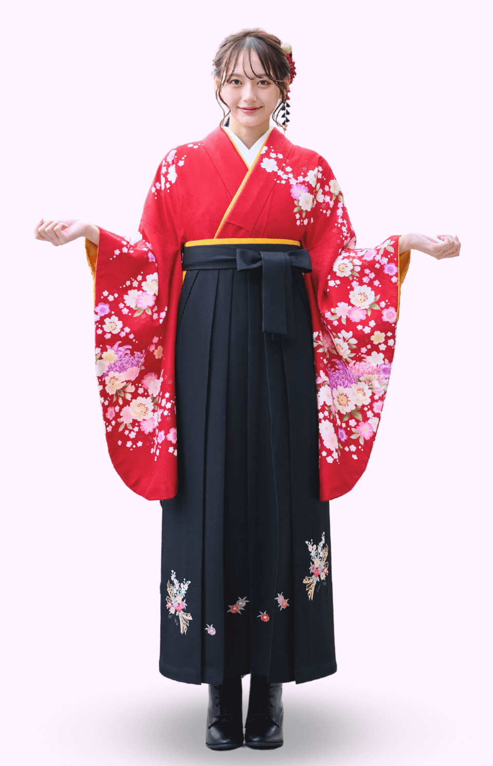 〈着物〉赤色 乱菊柄着物 〈袴〉黒色 熨斗目花束の刺繍袴 【307】