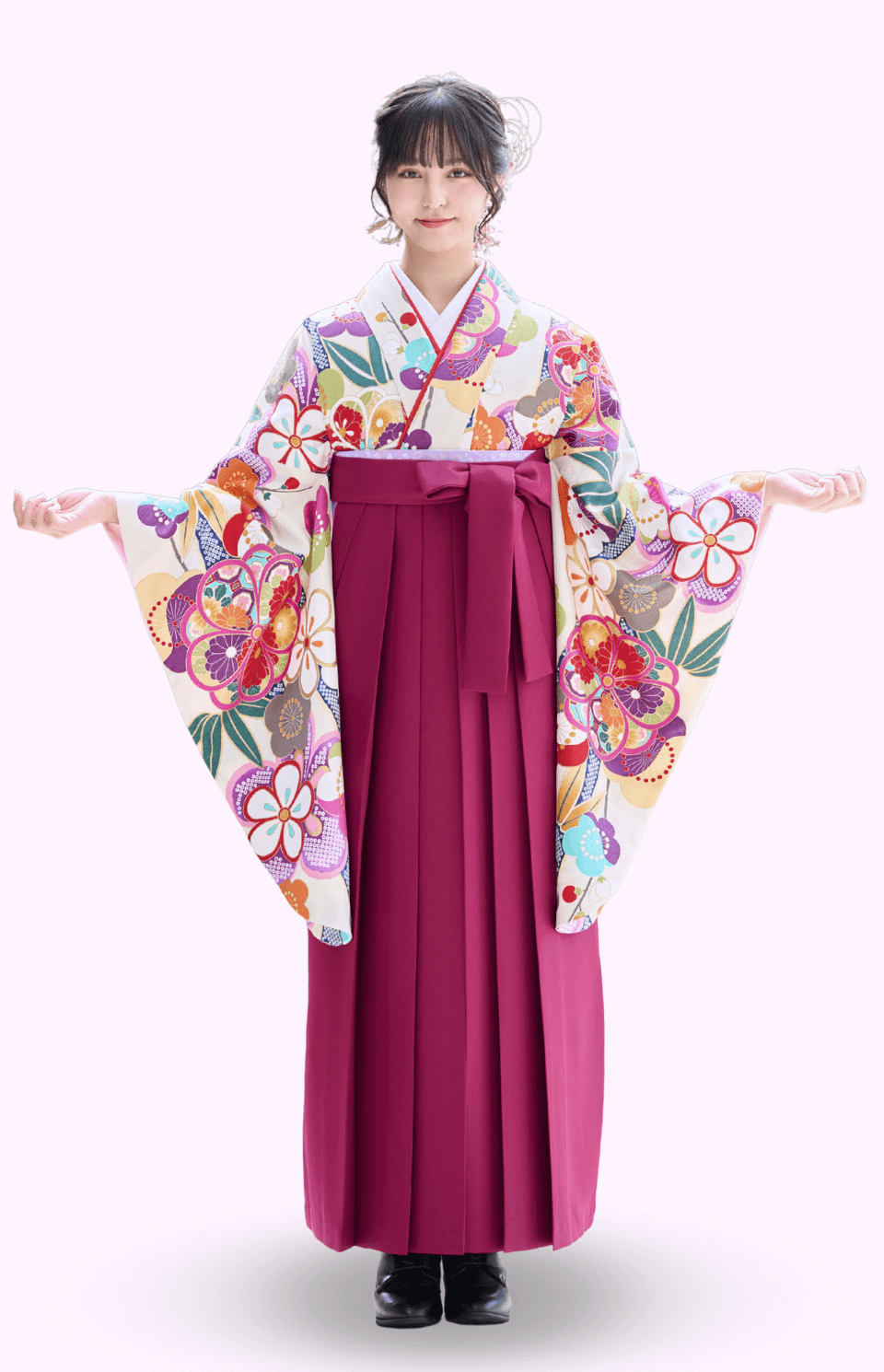 〈着物〉白色 梅と竹柄着物 〈袴〉ワイン色 無地袴 【308】