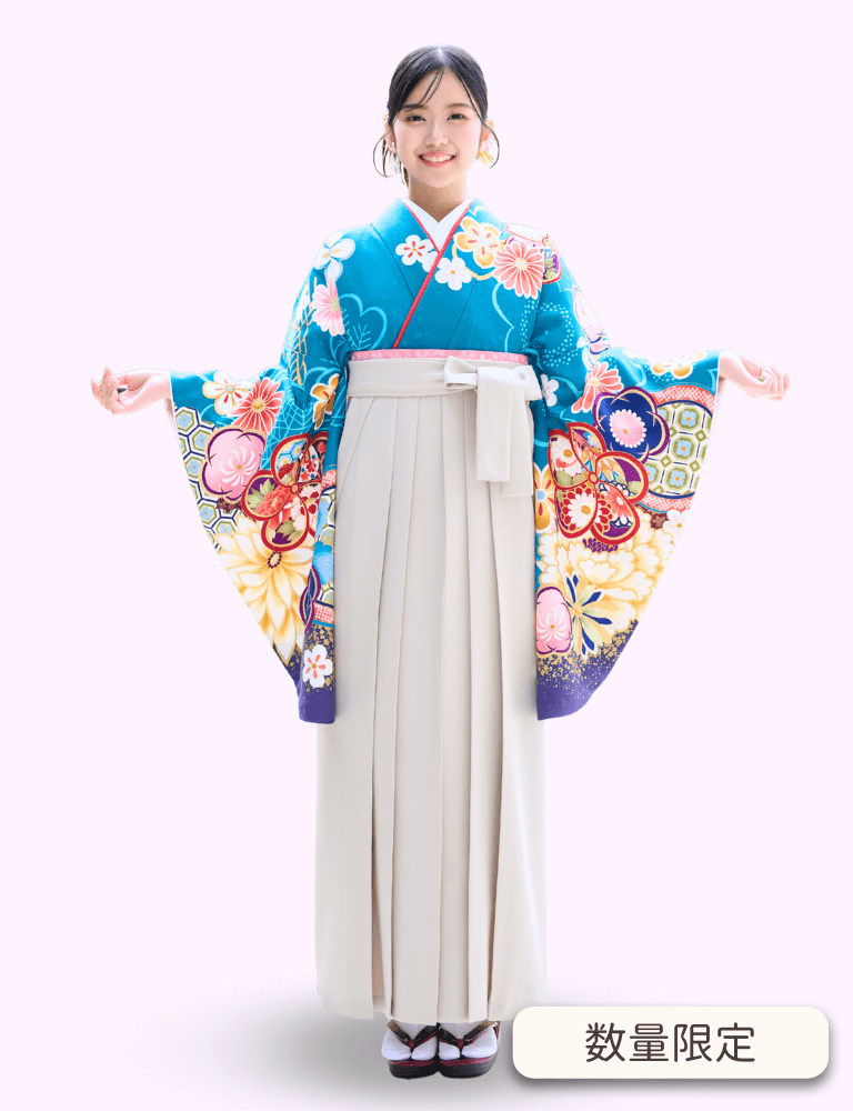 〈着物〉青色 松と梅柄着物 〈袴〉アイボリー色 無地袴 【309】