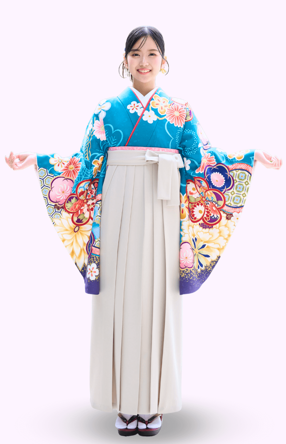 〈着物〉青色 松と梅柄着物 〈袴〉アイボリー色 無地袴 【309】