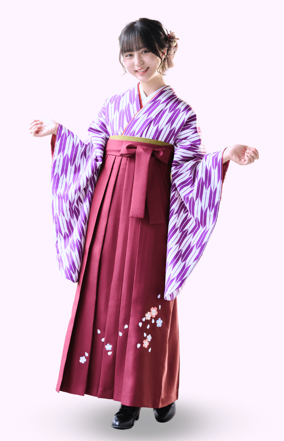 〈着物〉紫色 矢羽根絣着物 〈袴〉エンジ色 桜ちらし刺繍袴 【310】