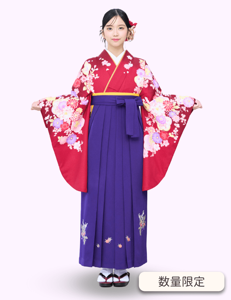 〈着物〉赤色 変わり梅に牡丹柄着物 〈袴〉紫色 熨斗目花束の刺繍袴 【311】