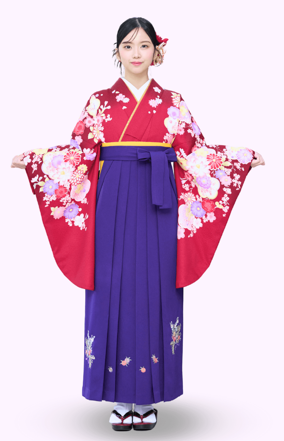 〈着物〉赤色 変わり梅に牡丹柄着物 〈袴〉紫色 熨斗目花束の刺繍袴 【311】