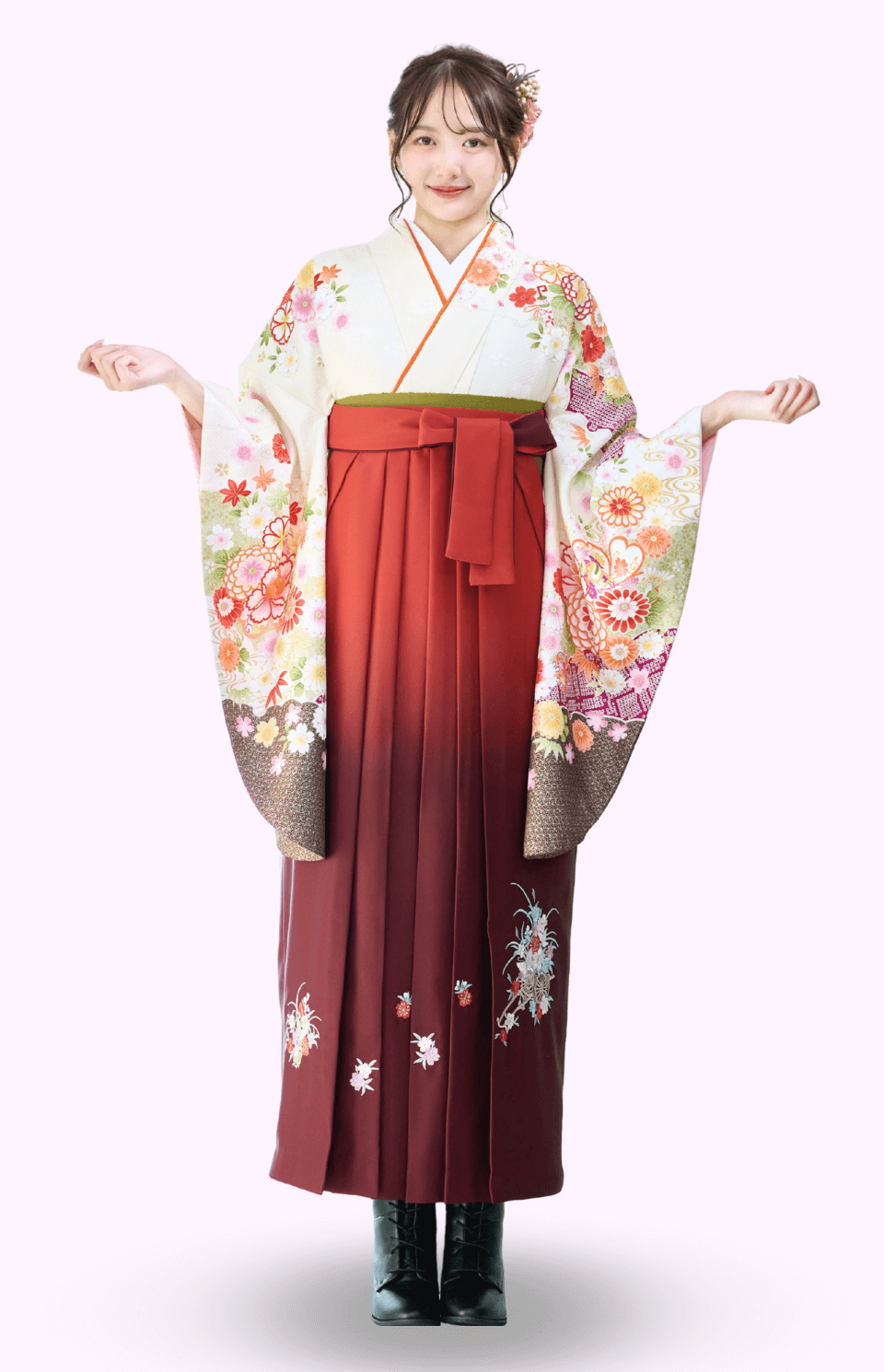 〈着物〉オフホワイト 雪輪に花柄着物 〈袴〉エンジ色&茶色ぼかし 花車の刺繍袴 【313】