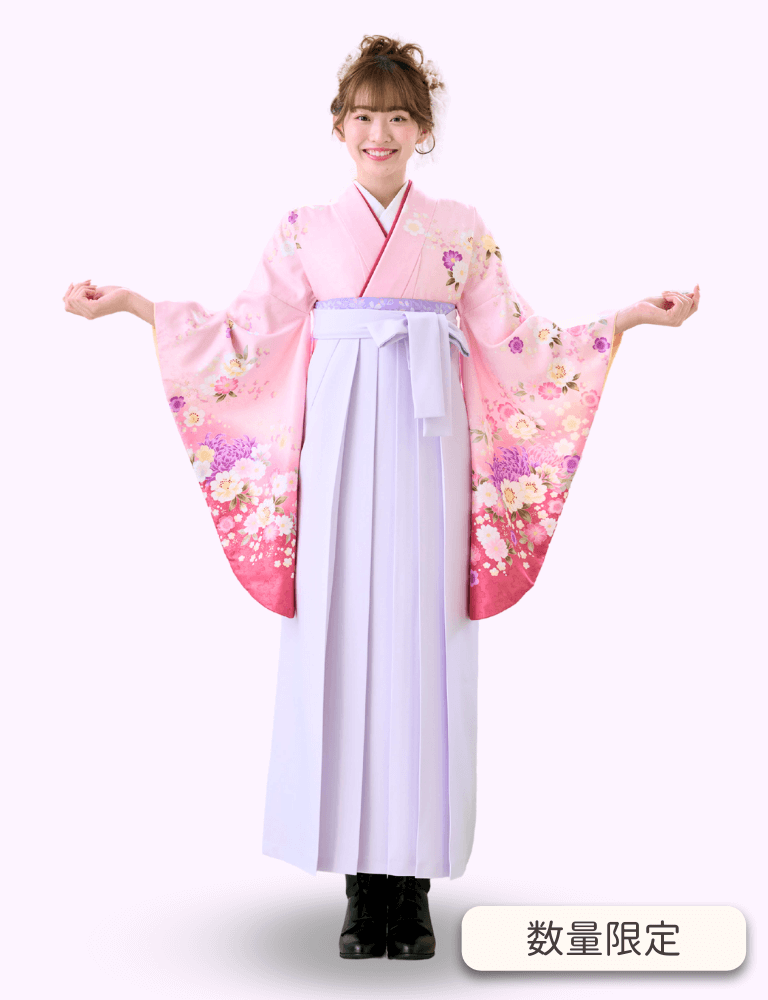 〈着物〉ピンク色 乱菊柄着物 〈袴〉ラベンダー色 無地袴 【314】