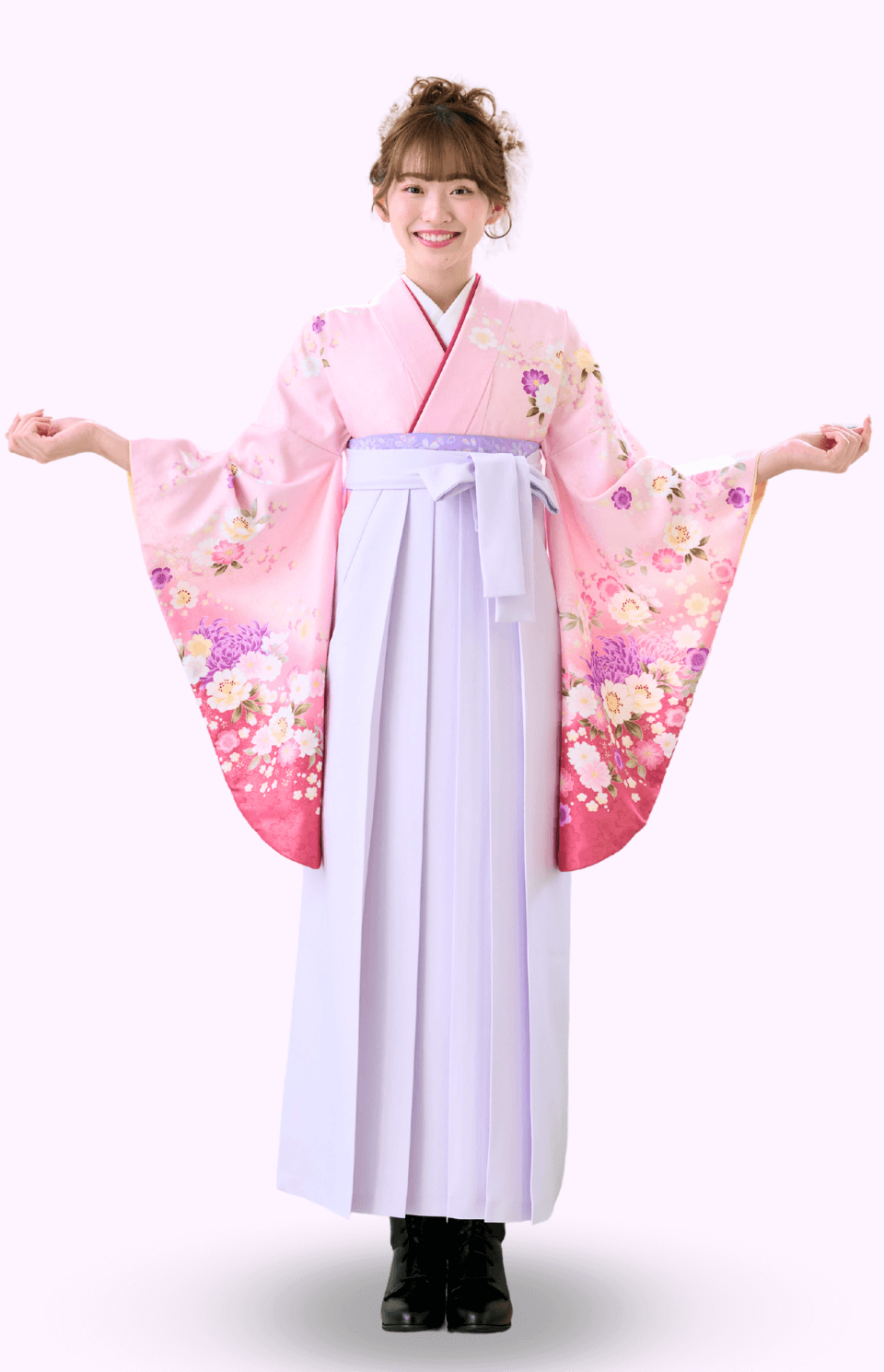 〈着物〉ピンク色 乱菊柄着物 〈袴〉ラベンダー色 無地袴 【314】